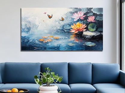 Enartly Lotus Canvas Wall Art for Living Room, Butterfly Floral Painting Zen Artwork Framed for Bedroom Hallway Spa Salon Yoga Picture Home Office Wall Decor, Large 40"x20"