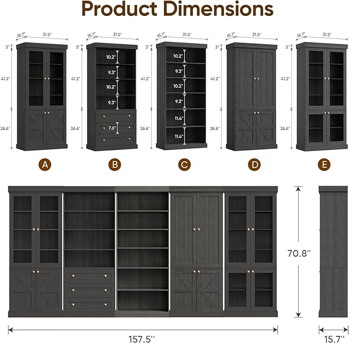 Vyre 70.8" Tall Black Bookshelf, Farmhouse Modular Bookcase with 6-Tier Adjustable Shelves, Large Storage Cabinet for Home Office, Living Room, Set of 4