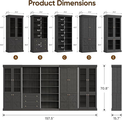 Vyre 70.8" Tall Black Bookshelf, Farmhouse Modular Bookcase with 6-Tier Adjustable Shelves, Large Storage Cabinet for Home Office, Living Room, Set of 4