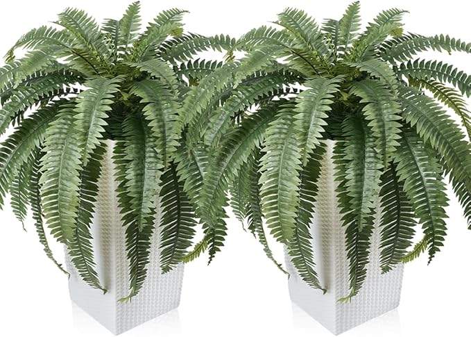 48" Boston Ferns Artificial Outdoor Plants - 39 Fronds UV Resistant Faux Greenery with Taper Planter- Realistic Fake Bushes Front Porch Decor for Garden, Patio, Indoors - Set of 2, VN153