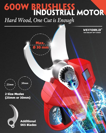 VEITORLD 20V Electric Pruning Shears, Garden Shears, 30mm 1.2'' Cutting Diameter Portable Cordless Branch Cutter Tree Trimmer with LCD Display＆Replaceable Blades (Included 2Pcs 2.0Ah Batteries)