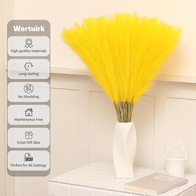 Faux Yellow Pampas Grass - 60pcs 24 Inch Short Artificial Pampas Grass Decor, Fake Pompas Floral for Vase Filler, Wedding Flower Arrangement, Party and Home Decor (Yellow, 60 Pieces)