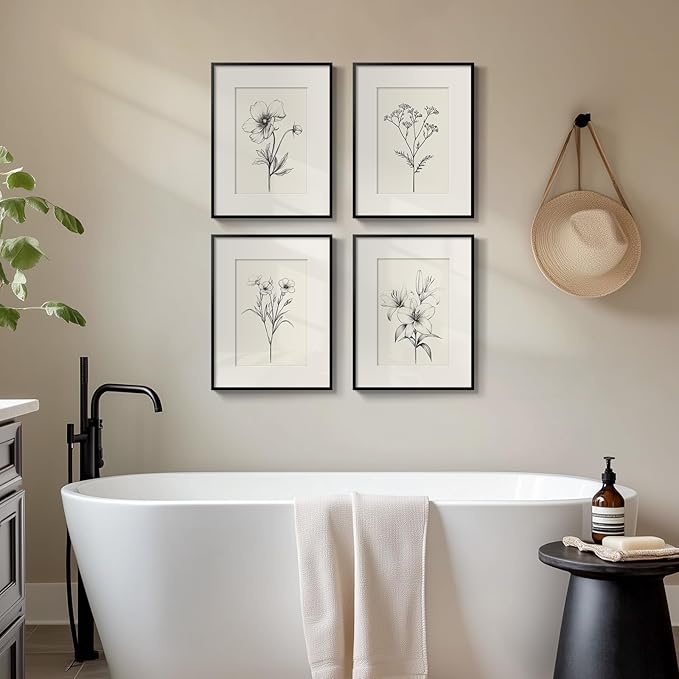 Framed Black and White Botanical Wall Art for Room Decor, 4 Piece Vintage Minimalist Floral Bathroom Painting Print, Farmhouse Rustic Artwork for Bedroom Living Room Fireplace Hallway Walls, 11x14 In