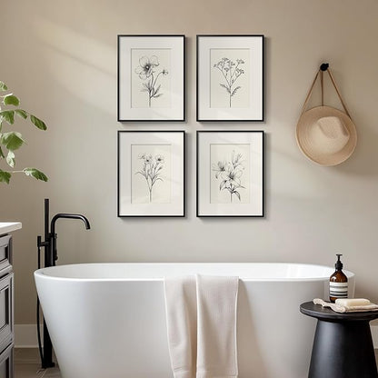 Framed Black and White Botanical Wall Art for Room Decor, 4 Piece Vintage Minimalist Floral Bathroom Painting Print, Farmhouse Rustic Artwork for Bedroom Living Room Fireplace Hallway Walls, 11x14 In