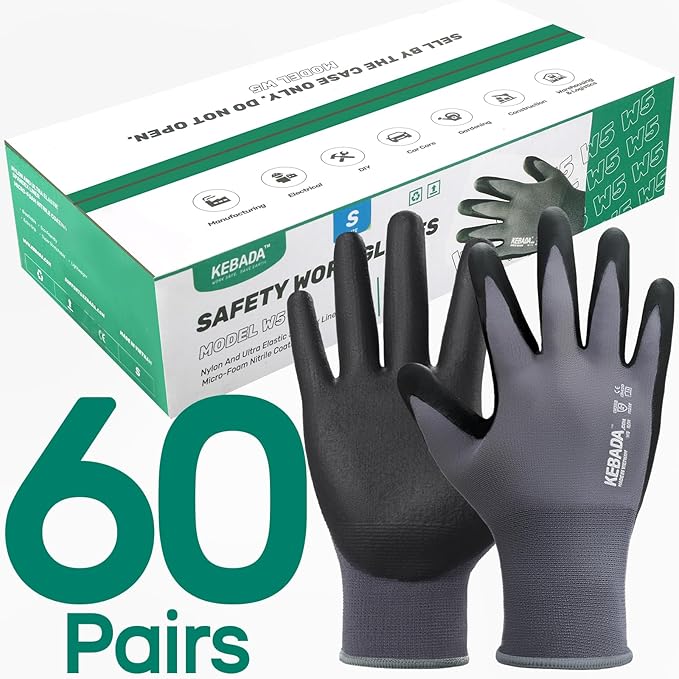 Kebada W5 Work Gloves Bulk Pack (60 Paris), Foam Nitrile Coated Safety Gloves with Grip, Knitted with Spandex and Nylon, Ideal for Gardening, Warehouse, XXL