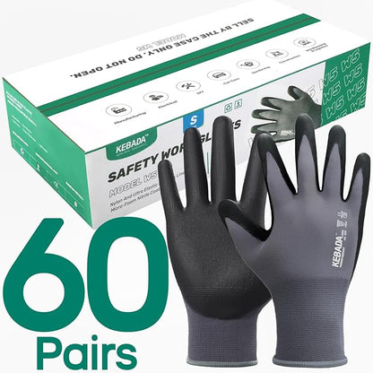 Kebada W5 Work Gloves Bulk Pack (60 Paris), Foam Nitrile Coated Safety Gloves with Grip, Knitted with Spandex and Nylon, Ideal for Gardening, Warehouse, XXL