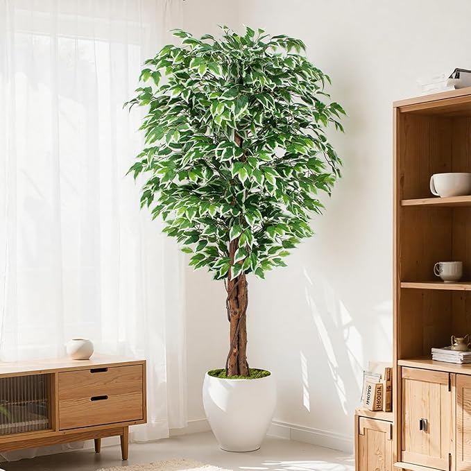 6.2ft Ficus Artificial Trees with 3 Natural Curved Trunks, 74" Tall Lush Faux Tree for Home Decor Indoor, Green Lifelike Fake Ficus Tree 1pcs