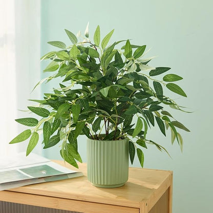 16" Artificial Willow Leaf Plant in Ribbed Ceramic Pot Lifelike Faux Potted Greenery for Indoor Home Office Table Shelf Living Room Bedroom Bathroom Decor