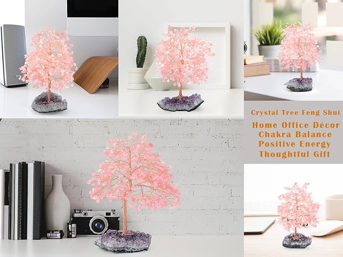 Gemstone Crystal Tree of Life,Natural Rose Quartz(406 Stones Count) with Amethyst Cluster Base,Chakra Positive Energy Feng Shui Decor Bonsai Money Tree,Birthday Gift 8.5''-9''