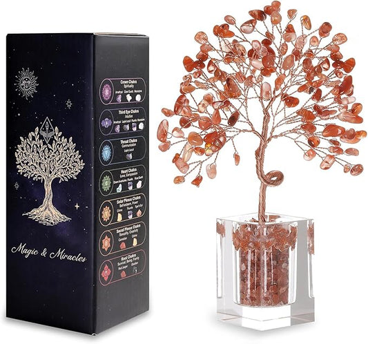 Crystal Tree for Home Decor 6.5 Inch Carnelian Gem Plant with 147 Stones Spiritual Decor Healing Energy Bonsai Tree Handmade Gift for Meditation Room Office Women & Men
