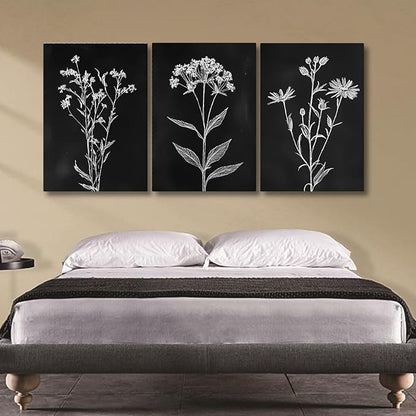 sawjug Black And White Botanical Canvas Wall Art,Minimalist Wildflower Wall Decor,Vintage Botanical Floral Wall Painting for Living Room, Bedroom,Office (24" x 36" x 3 pcs)