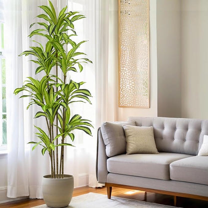 Faux Dracaena Tree 7ft(84in) Artificial Plant with Realistic Leaves and Trunks,Fake Floor Potted Tall Artificial Trees for Home Office Decor Indoor (7Feet,1Pack)
