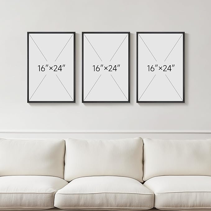 Framed Black and White Abstract Wall Art, 3 Piece Black Boho Floral Botanical Canvas Prints Painting for Living Room, Mid Century Modern Flower Artwork for Bedroom Hallway Office Home Decor, 16x24 In