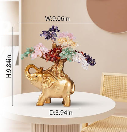 7 Chakra Crystal Money Tree on Gold Mini Elephant Statue, 10”Gemstone Bonsai Tree of Life Home Décor Gifts for Wealth Positive Energy, Feng Shui Décor