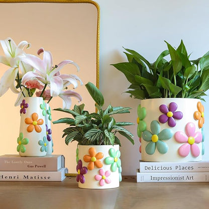GUGUGO 8 Inch Pastel Lines Planters, Cute Unique Rainbow Planter with Drainage, Vintage Retro Eclectic Flower Plant pots for Indoor Plants and Succulent,Funny Boho Modern Home Décor