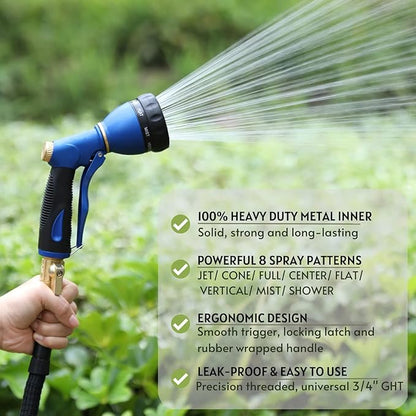 HOSUN Garden Hose Sprayer Nozzle 100% Heavy Duty Metal, Water Hose Nozzle with 8 Different Spray Patterns, High Pressure Hose Spray Nozzle for Watering Plant & Lawn, Washing Car & Pet Blue