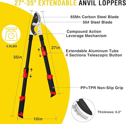 Yesker 27-35" Extendable Loppers for Tree Trimming Heavy Duty Tree Trimmer Bypass Loppers with Compound Action Sharp Anvil Blade up to 2 Inch Cut Capacity Branch Cutter Chops Thick Branches Ease
