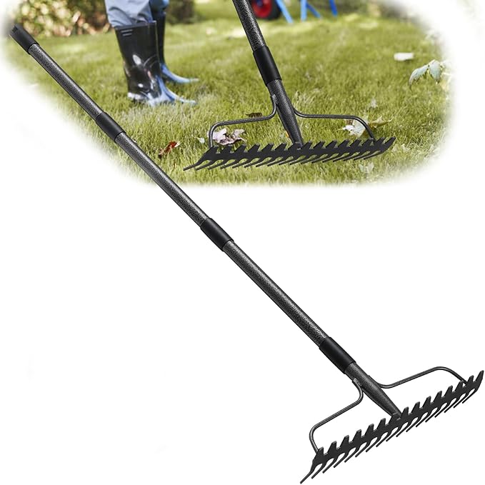 49 inch Bow Rake,2-in-1 17 Tooth Rake for Leaves Portable and Adjustable for Gardening Leaves Loosening Soil Leveling Lawn Farming Land Management Yard