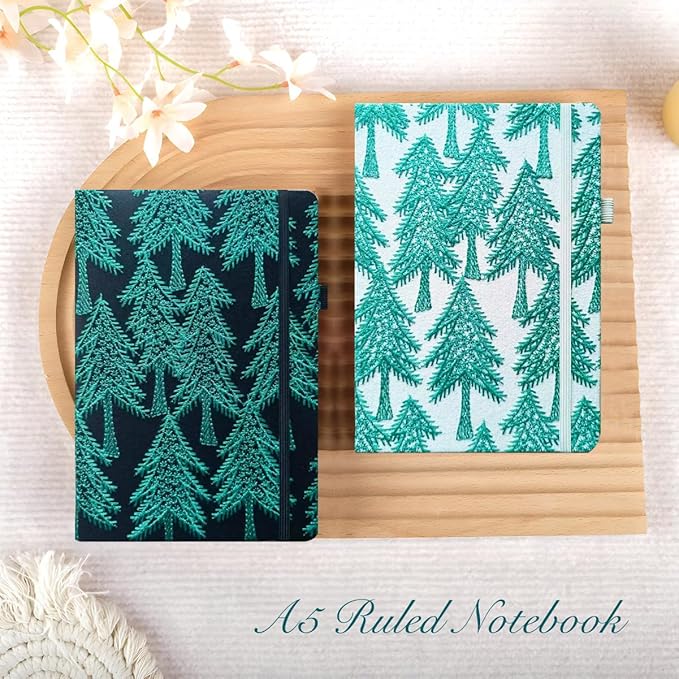 ipoul Embroidered Notebook, Cute Journal, A5, Hardcover, Lay Flat, Lined Paper, Women's Journals for Writing, Christmas Gift, Pine Tree, Evergreen, Pretty Notebook