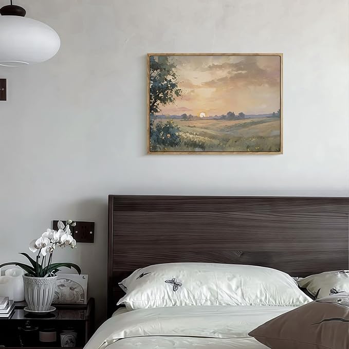 Vintage Canvas Wall Art Sunset Wall Decor Landscape Countryside Wilderness Oil Painting Rustic Picture Modern Farmhouse Print Nature Scenery Prints Living Room Bedroom Bathroom 12x16 Inch Framed