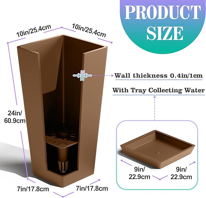 24 Inch Tall Tapered Square Planters (Set of 2) - Indoor Outdoor Large Flower Pots with Built-in Drainage & Matching Water Tray for Patio, Garden, Home - Brown