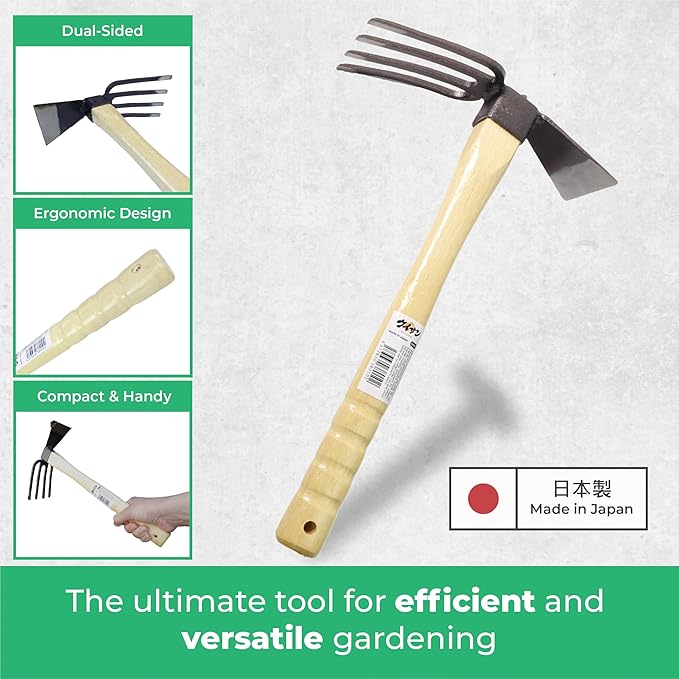 Japanese Dual Sided Garden Cultivator – Handcrafted Garden Hoe & Tiller, Sturdy & Handy