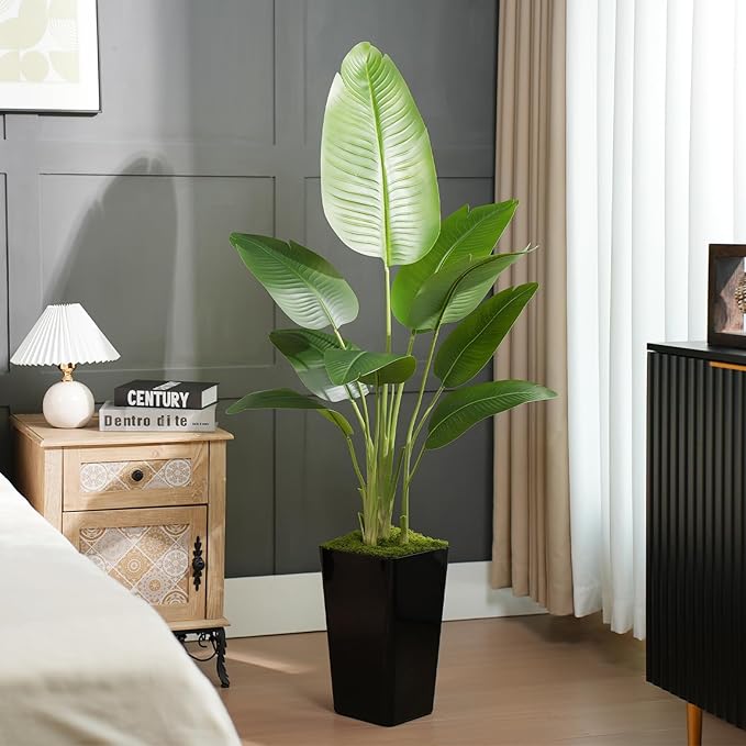 Lifelike Bird of Paradise Artificial Plant 5ft Faux Banana Leaf Tree with Black Tall Planter for Home Decor - Perfect Indoor Silk Floor Plant for Living Room, Office, and Bedroom Ambiance Enhancement