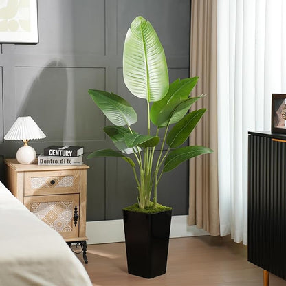 Lifelike Bird of Paradise Artificial Plant 5ft Faux Banana Leaf Tree with Black Tall Planter for Home Decor - Perfect Indoor Silk Floor Plant for Living Room, Office, and Bedroom Ambiance Enhancement
