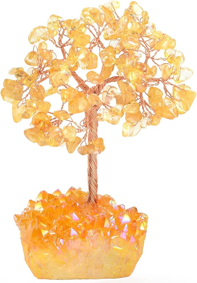 Natural Citrine Crystal Tree with Yellow Titanium Quartz Base,Healing Crystals Chakra Balance Positive Energy Feng Shui Money Bonsai Tree Home Decor for Wealth and Luck