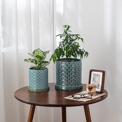 8 Inch Plant Pot: Ceramic Planter with Drainage Hole & Saucer Indoor Outdoor Plants - Cylinder Round Flower Pot for Home Office - Modern Decorative - Medium Blue