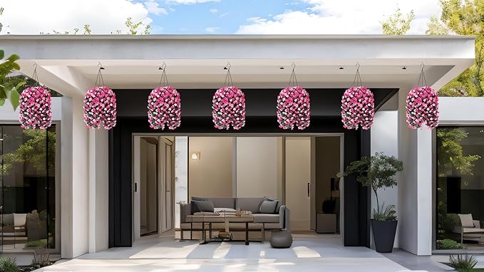 Artificial Flowers in Hanging Basket for Outdoors Indoors Decor, Artificial Mums Bush Flowers Plants with Baskets for Home Porch Garden Yard Patio Spring Summer Decoration(Twin Pink)