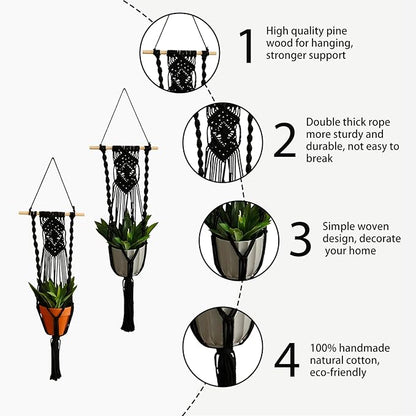 Artilady Black Plant Hanger Macrame Hanging Planter for Indoor Boho Plants Holder with Hooks Hanging Plant Basket Outdoor Window Wall Plants Home Decor