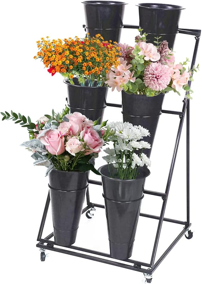 Flower Display Stand, Mobile Plant Cart shelve with Wheels, with Plastic Buckets, Easy to Install, Stepped Plant Stand, Suitable for Indoor and Outdoor Balcony Courtyard Garden Art Exhibitions ( Color