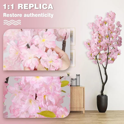 6.56ft Tall Pink Artificial Cherry Blossom Tree Decor, Fake Silk Flower Plant Indoor, Sakura Tree Realistic Faux Cherry Tree for Christmas New Year Home Decor