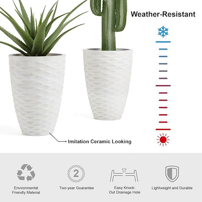 Glitzhome 2 Set 19" Outdoor Planter, Polyresin Modern Decor Large Tall Gardening Containers Flower Pots, White