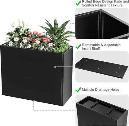 Metal Large Planter Box 36" L x 12" W x 26" H, Heavy Duty Tall Rectangle Outdoor Planter Box with Removable Insert Shelves for Porch, Garden, Patio, Yard (Black)