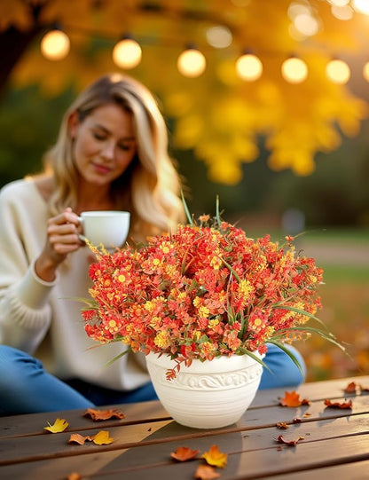 16 Bundles Artificial Flowers for Fall Outdoors Decoration - Fake Mums Faux Daisy Artificial Plants Plastic Lavender Shrubs Flower No Fade for Harvest Halloween Thanks Giving Day Decor