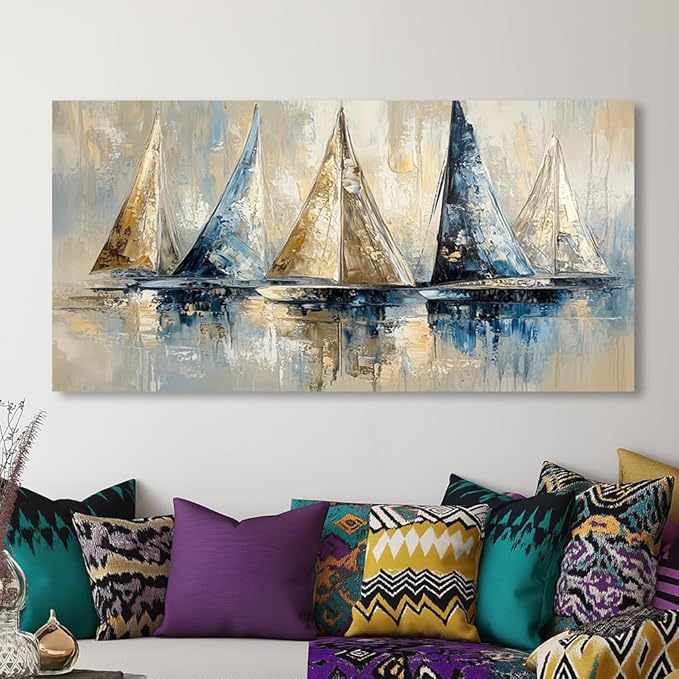 Blue Wall Art Sailboat Canvas Painting Ocean Sailboat Prints Sailing Ship Canvas Artwork Modern Coastal Blue Abstract Wall Art for Living Room Bedroom Office Boys Bedroom Wall Décor Ready to Hang (24x48 Inches)