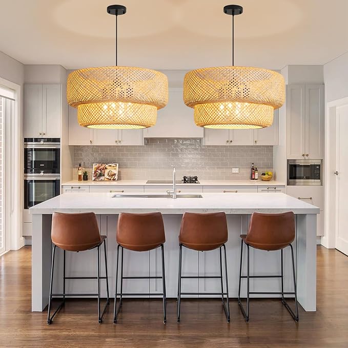 23.6IN Bamboo Pendant Light Fixtures, Hand-Woven Ceiling Hanging Chandelier, 4-Light Bohemian Large Basket Pendant Lights for Kitchen Island Dining Living Room Bedroom Restaurant
