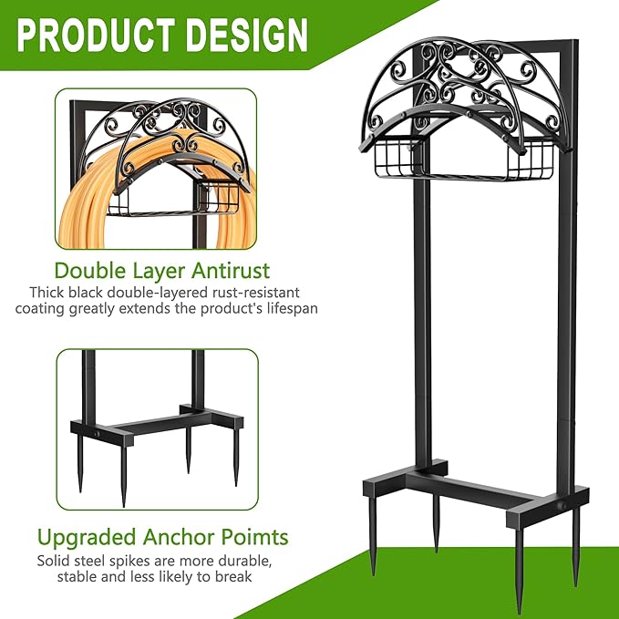 Garden Hose Holder - Upgraded Water Hose Holder Stand with Storage Basket Holds 151ft, Heavy Duty Freestanding Garden Hose Hanger Storage Rack for Outside Yard Lawn Farm