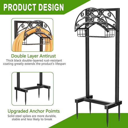 Garden Hose Holder - Upgraded Water Hose Holder Stand with Storage Basket Holds 151ft, Heavy Duty Freestanding Garden Hose Hanger Storage Rack for Outside Yard Lawn Farm
