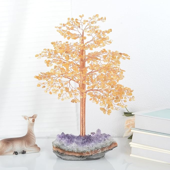 Crystal Tree of Life Natural Citrine Gemstone,Amethyst Geode Cluster,Chakra Balancing Positive Energy Healing Crystals Feng Shui Home Decor Money Tree,Gift 10"-11"