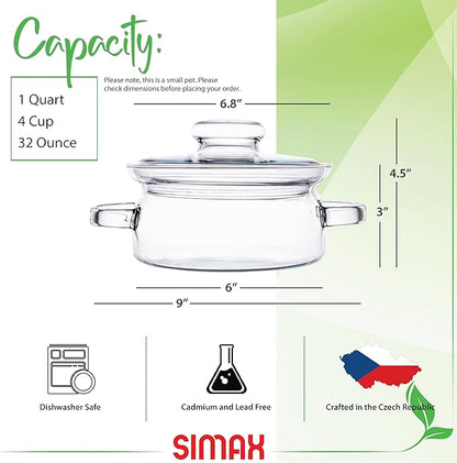 Simax Simmer Pot for Stove Potpourri, 32 Ounce Glass Pots for Cooking on Stove, Clear Pots for Cooking, Glass Cookware, Easy Grip Handles, Oven, Microwave, Stove and Dishwasher Safe Borosilicate Glass