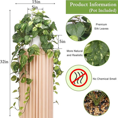 CEWOR Fake Plants Artificial Plants Indoor Faux Plant for Home Decor Silk Realistic Hanging Plants Potted Aesthetic Fake Pothos for Shelves Office Bedroom Bathroom Decor (Green)