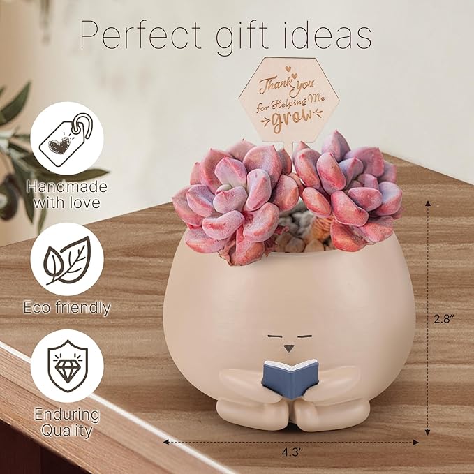 Bookworm Planter Pot Succulent Pot for Book and Plant Lover & Thank You Card, Emotional Support Gift, End of School Gifts, Teacher Gift Mother Dad Appreciation