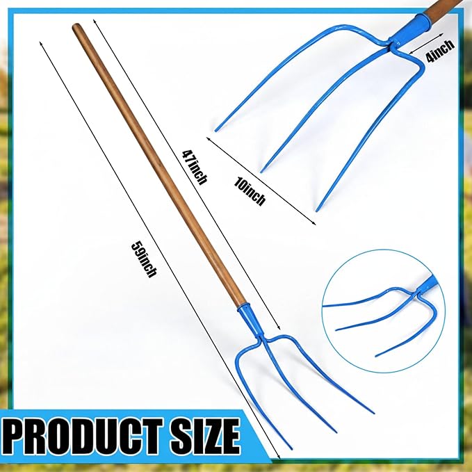 59 Inch Manure Fork Wood Handle 3 Tine Fork for Farm Stable Hay Ranch Bedding Garden