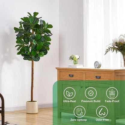 6FT Artificial Fiddle Leaf Fig Tree, Artificial Fig Tree Floor Plant with White Planter, Premium Silk Fake Plants for Living Room, Bedroom, Office, Home & Indoor Décor