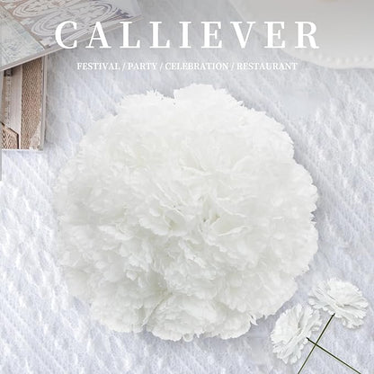 Silk Carnation Flower, 50 Artificial Flowers, Used for Wedding Decoration DIY Handmade Flowers, Carnation Flower Diameter 3.5 Inches and 6 Inches Stem (White)