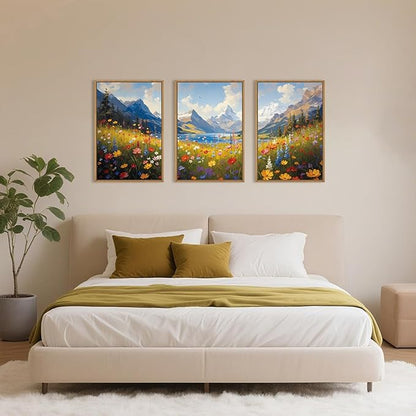 HOURIA Boho Vibrant Watercolor Wildflower & Snowy Mountain Framed Canvas Wall Art Set,Colorful Floral Landscape Decor,Modern Natural Field Scenery Artwork for Living Room,Bedroom,Farmhouse-16 x24 x3