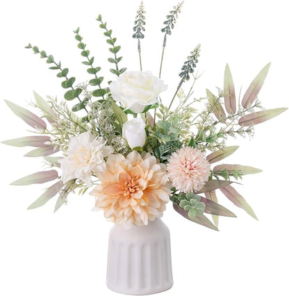 Fake Flowers in Vase, Artificial Flowers with Vase, 15.7'' Floral Arrangements for Dining Table Centerpiece Decor, Silk Roses & Faux Dahlia Bouquet for Farmfouse Kitchen Coffee Table Decor (Champagne)